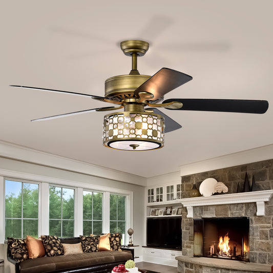 Melysen 52inch Antique Bronze Metal 3 Lights Crystal Ceiling Fan with 5 Wood Blades, Two-color fan blade, AC Motor, Remote Control, Reversible Airflow, 3 Speed, Adjustable Height, Traditional Ceiling Fan