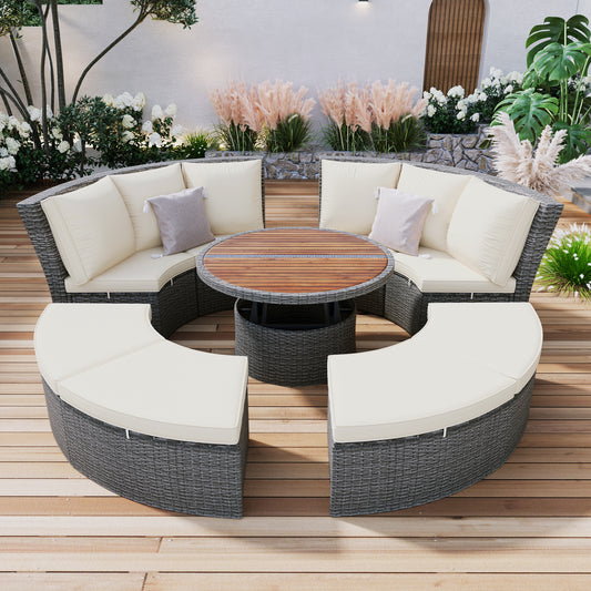 Melysen Patio 5-Piece Round Rattan Sectional Sofa Set All-Weather PE Wicker Sunbed Daybed with Round Liftable Table and Washable Cushions for Outdoor Backyard Poolside, Beige