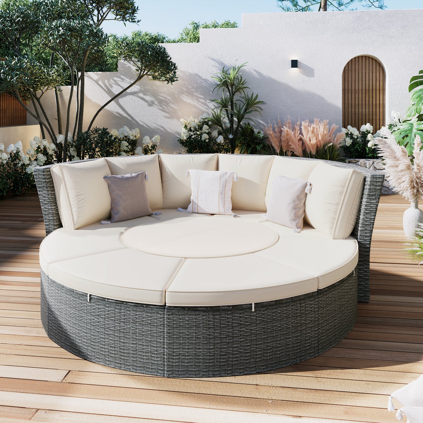 Melysen Patio 5-Piece Round Rattan Sectional Sofa Set All-Weather PE Wicker Sunbed Daybed with Round Liftable Table and Washable Cushions for Outdoor Backyard Poolside, Beige