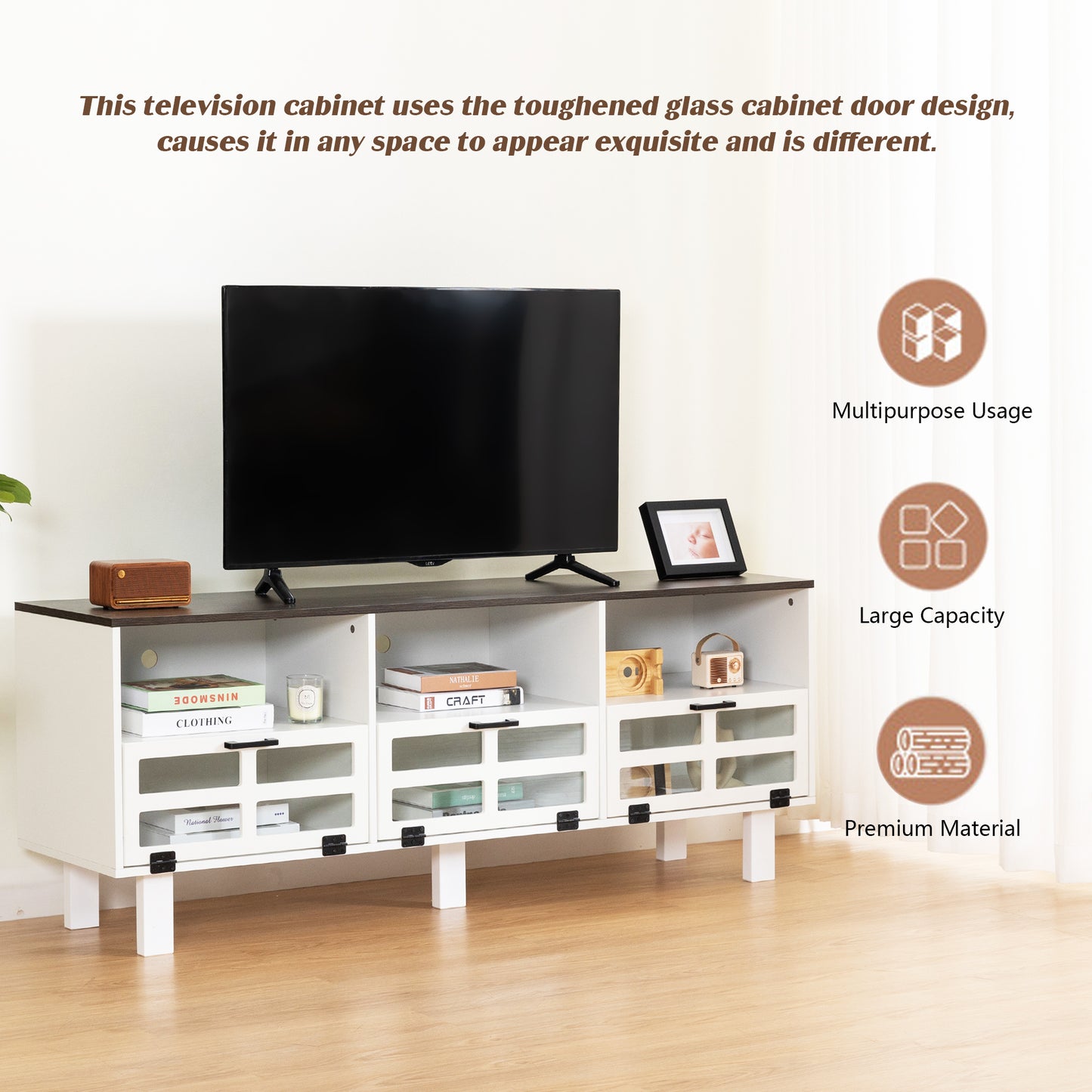 Melysen TV stand,TV cabinet,American country style TV lockers,The toughened glass door panel,Metal handles,birch legs,Turn down the drawer,White+gray