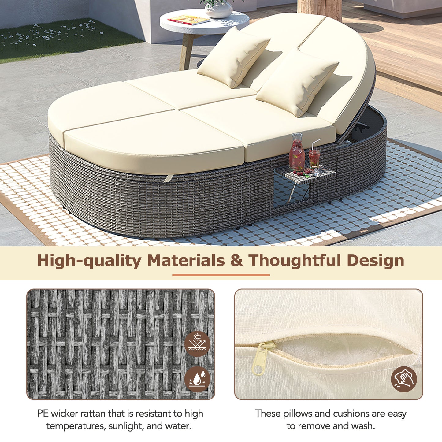 Melysen Outdoor Sun Bed Patio 2-Person Daybed with Cushions and Pillows, Rattan Garden Reclining Chaise Lounge with Adjustable Backrests and Foldable Cup Trays for Lawn,Poolside