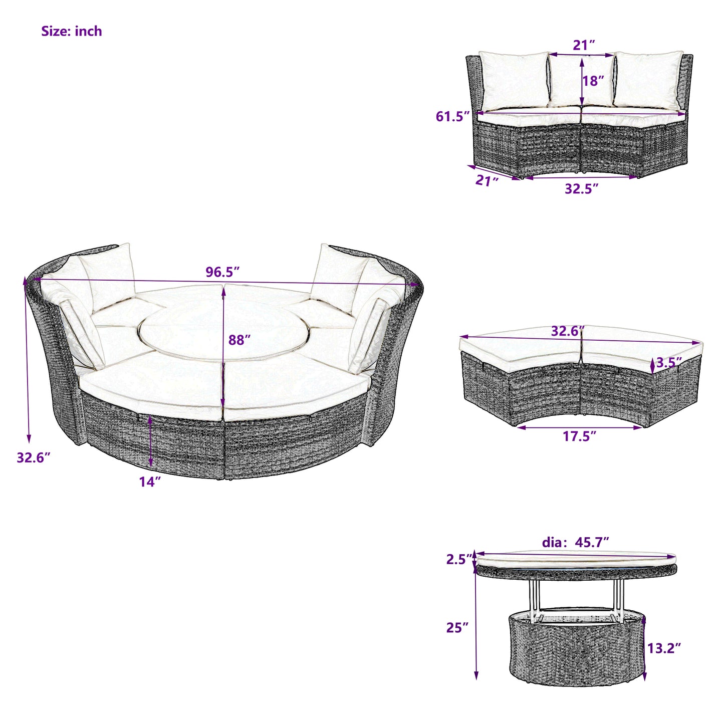 Melysen Patio 5-Piece Round Rattan Sectional Sofa Set All-Weather PE Wicker Sunbed Daybed with Round Liftable Table and Washable Cushions for Outdoor Backyard Poolside, Gray