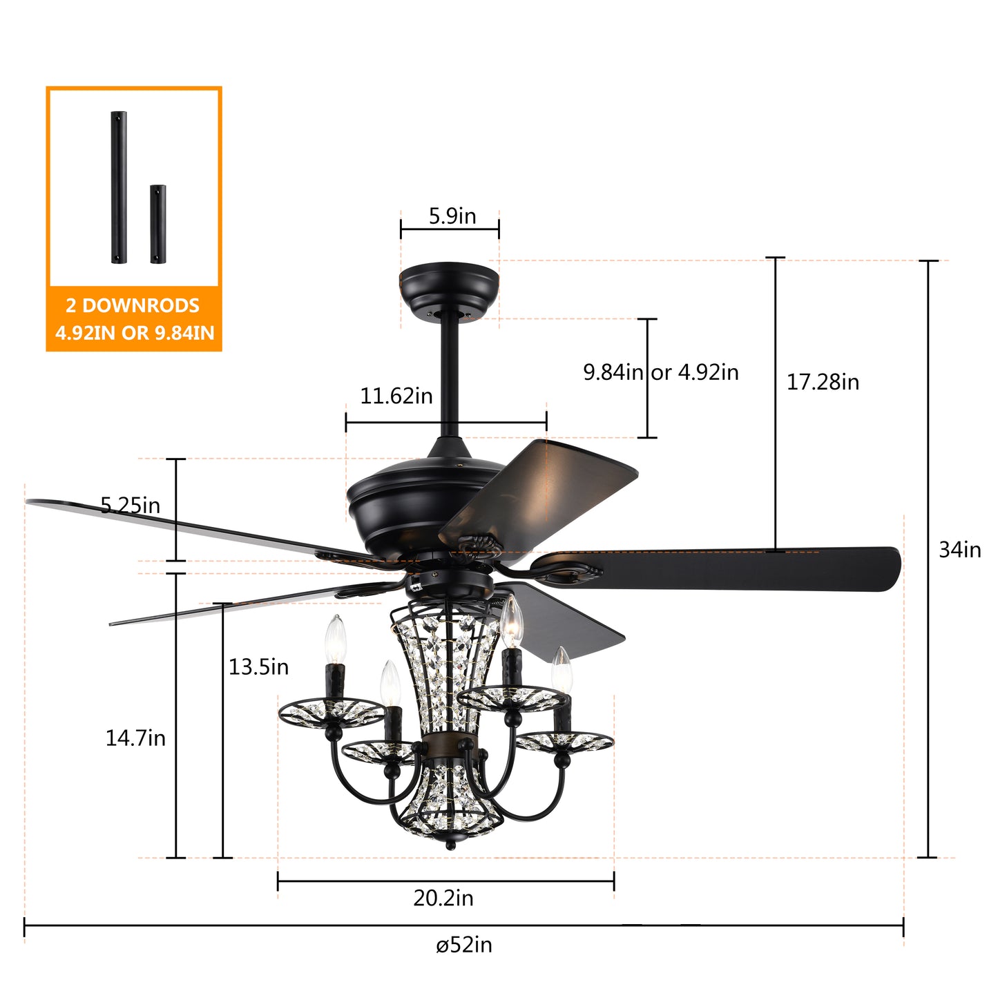 Melysen 52 Inch Crystal Chandelier Fan with Lights and Remote Control, Modern Ceiling Fan with Dual Finish Reversible Blades, Fandelier for Living Room, Dining Room, Bedroom, Family Room, Matte Black