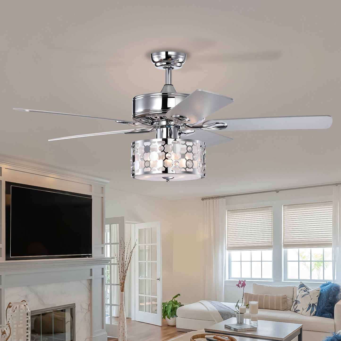 Melysen 52" Elegant Ceiling Fan Light with Remote, Crystal Chandelier Fan 5 Chrome Reversible Wood Blades for Dinning Room Bedroom Living Room