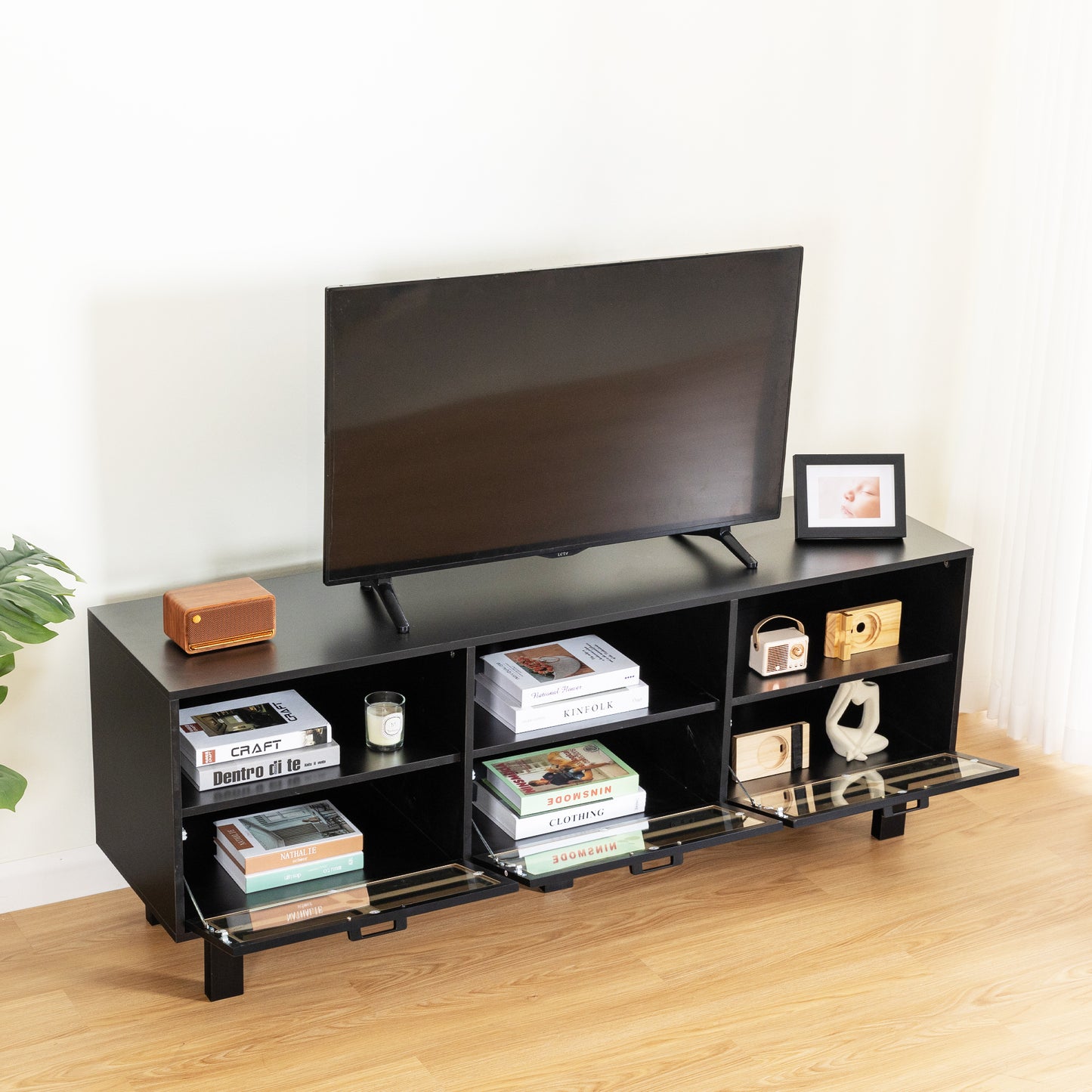 Melysen TV stand,TV cabinet,American country style TV lockers,The toughened glass door panel,Metal handles,birch legs,Turn down the drawer,Black