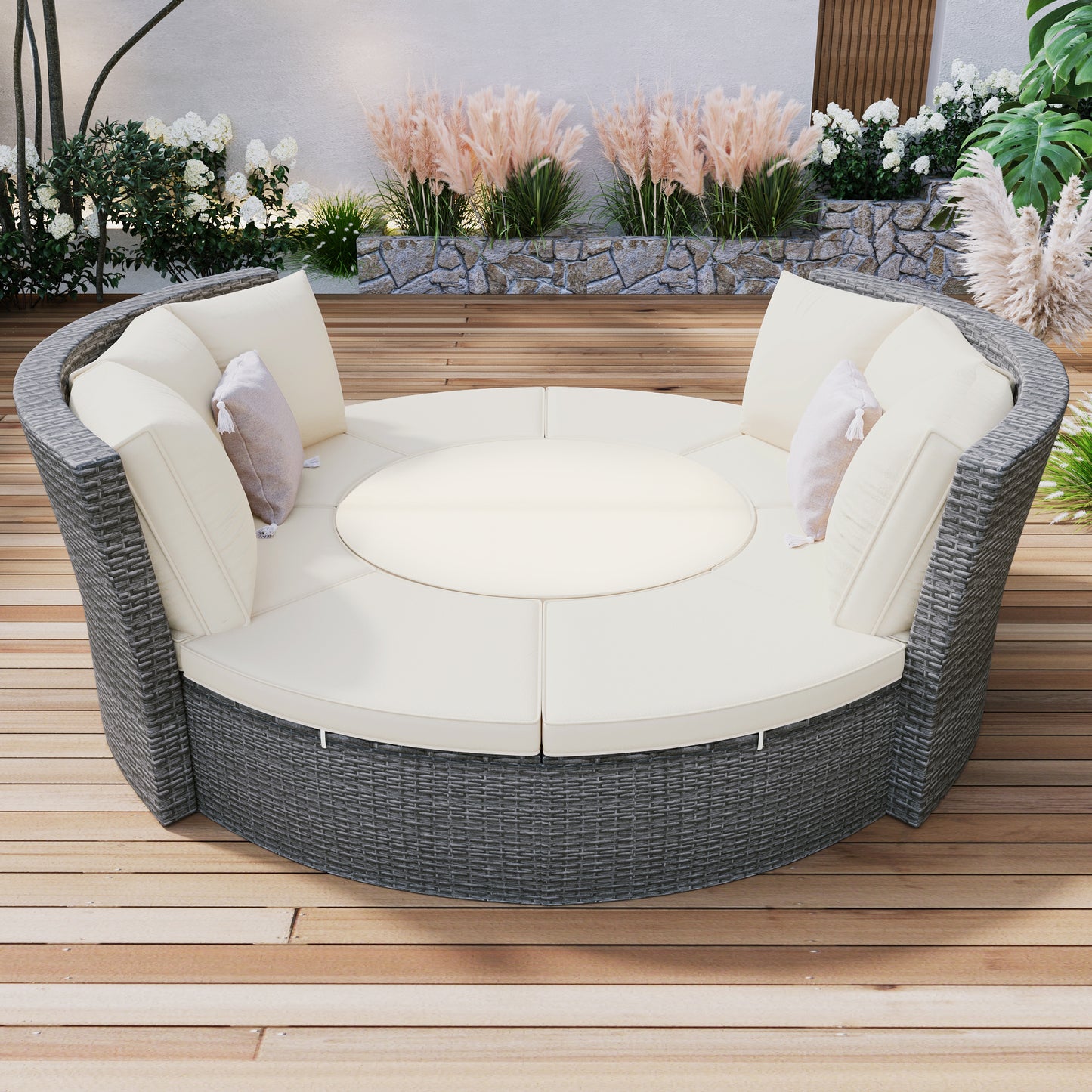 Melysen Patio 5-Piece Round Rattan Sectional Sofa Set All-Weather PE Wicker Sunbed Daybed with Round Liftable Table and Washable Cushions for Outdoor Backyard Poolside, Beige