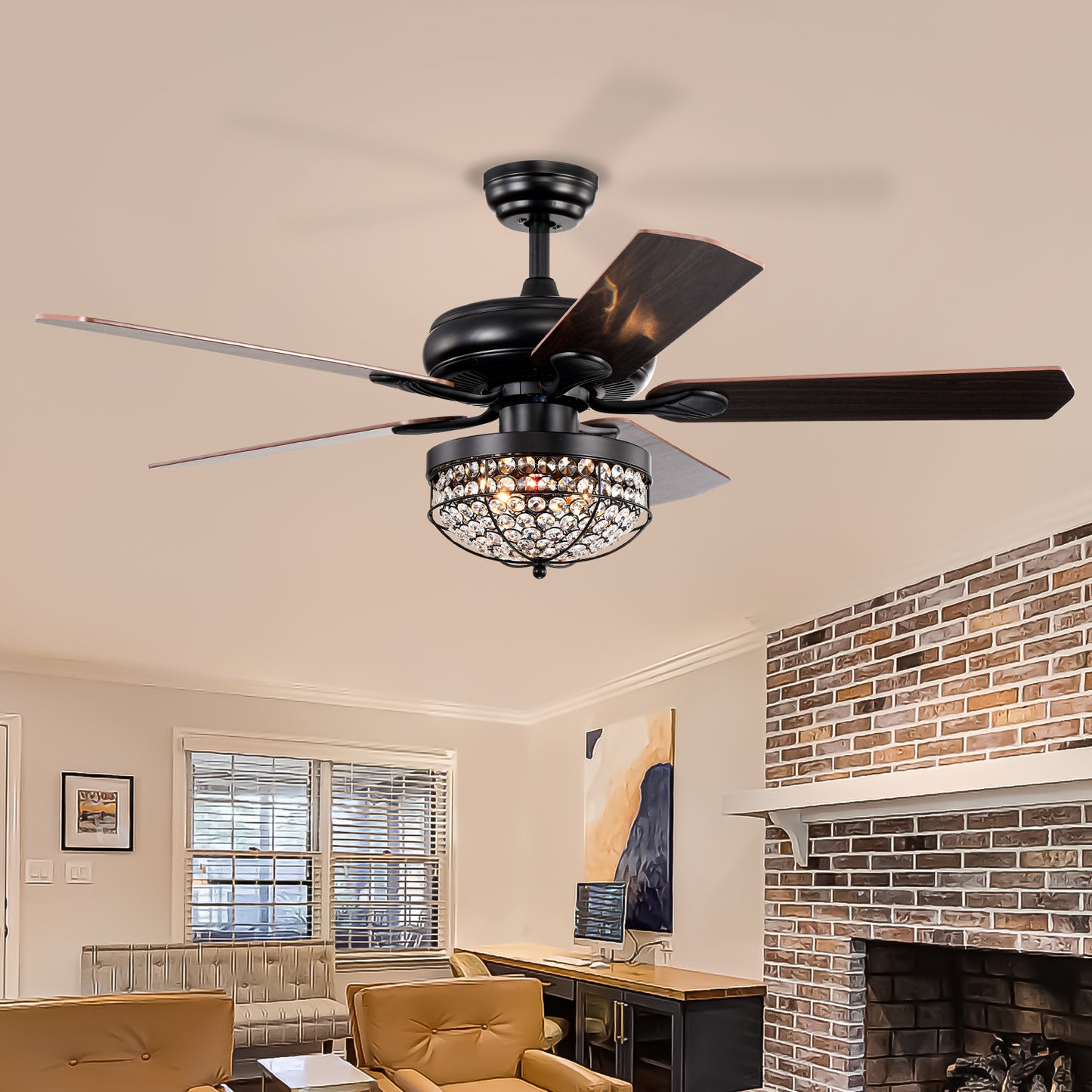 Melysen Modern Design Living Room 52 Inch Dimmable Decorative Crystal Chandelier Ceiling Fan With Light