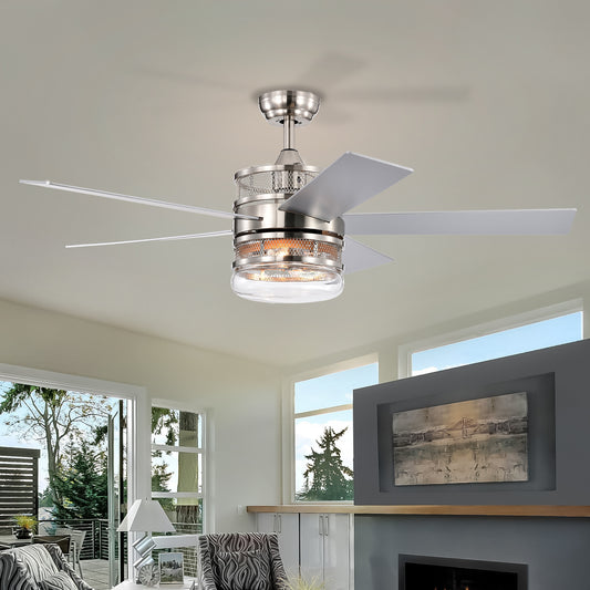 Melysen 52-inch 5-blade Lighted Ceiling Fan with Wood Nickel Crystal Shade (Optional Remote) - Satin Nickel