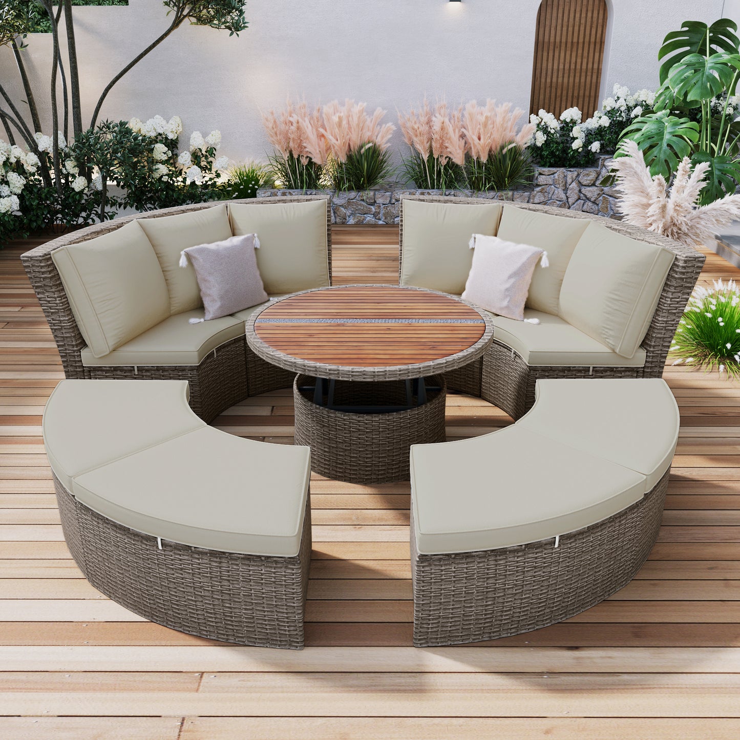 Melysen Patio 5-Piece Round Rattan Sectional Sofa Set All-Weather PE Wicker Sunbed Daybed with Round Liftable Table and Washable Cushions for Outdoor Backyard Poolside, Gray