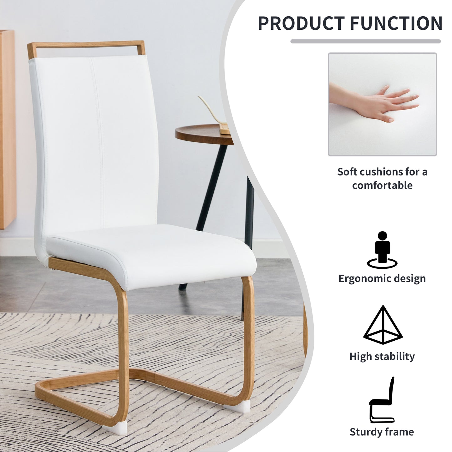 Melysen White Stone Burning Tabletop with Rubber Wooden Legs, Foldable Computer Desk, Foldable office Desk,4 Modern Pu Leather High Back Cushion Side Chair with Wood Grain Metal Legs