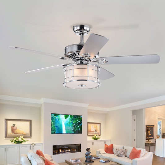 Melysen 52" 3-Light Chrome Drum Shade LED Ceiling Fan + Remote, Traditional Farmhouse Rustic Industrial Bohemian Country Cottage Transitional Glam for Home, Kitchen, Living Room