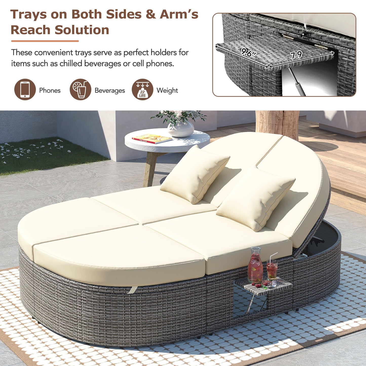 Melysen Outdoor Sun Bed Patio 2-Person Daybed with Cushions and Pillows, Rattan Garden Reclining Chaise Lounge with Adjustable Backrests and Foldable Cup Trays for Lawn,Poolside