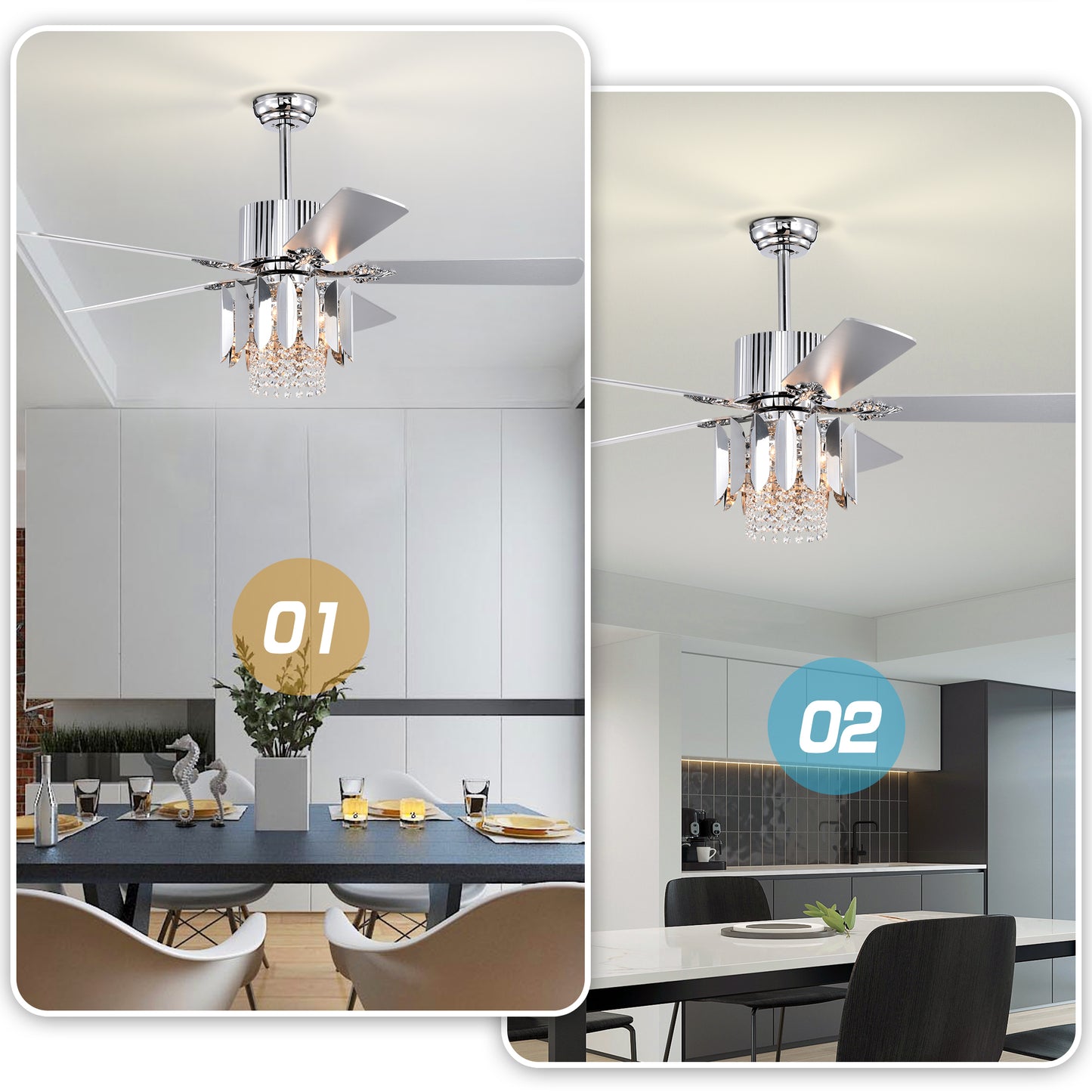 Melysen Crystal Ceiling Fan Reversible Blades 3 Wind Speeds Remote Control for Bedroom Living Dining Room -Chrome