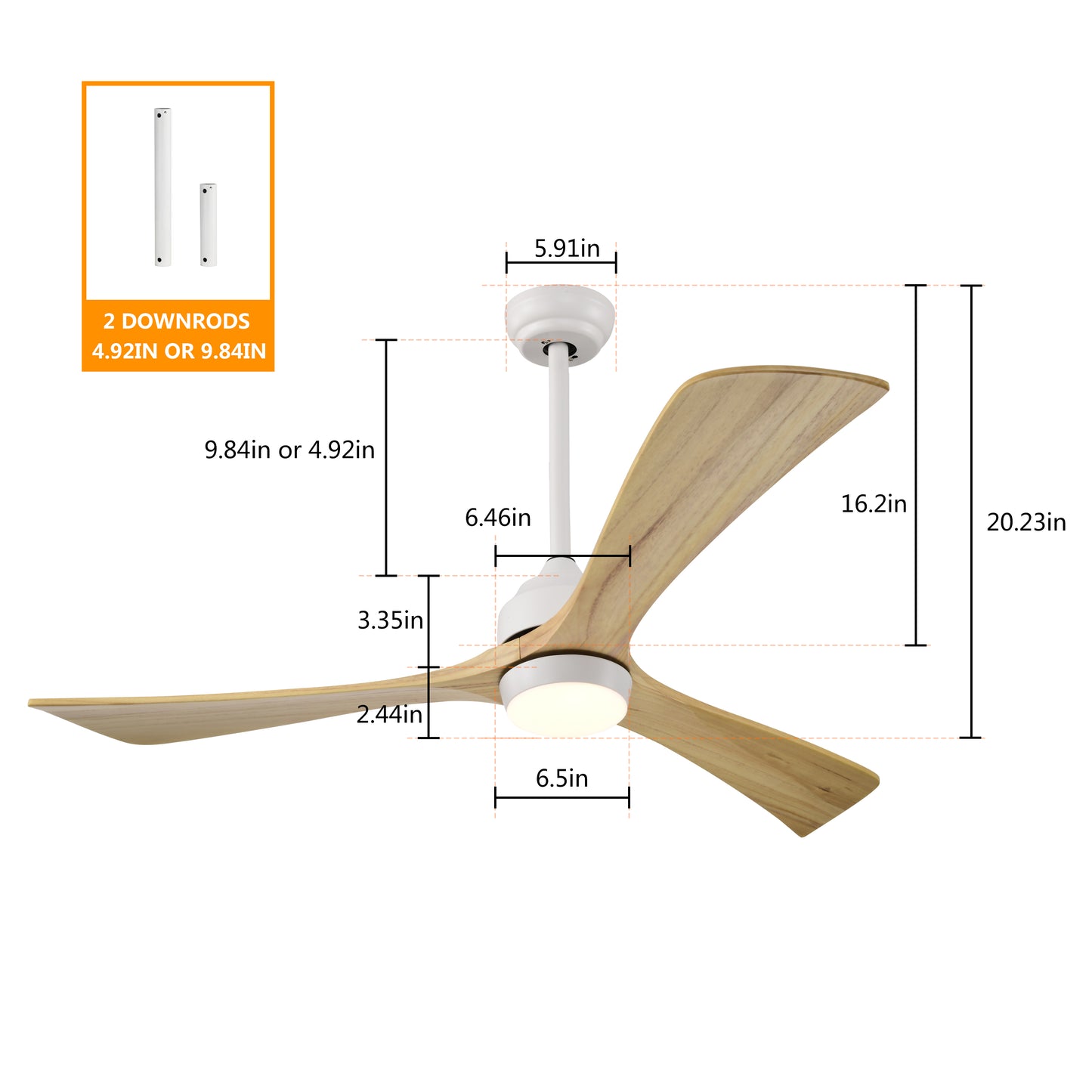 Melysen 52" Ceiling Fan with Lights Remote Control,Quiet DC Motor 3 Blade Ceiling Fans 6 Speed Levels,Reversible Ceiling Fan, for Patio Living Room, Bedroom, Office,Indoor.(White +Natural)