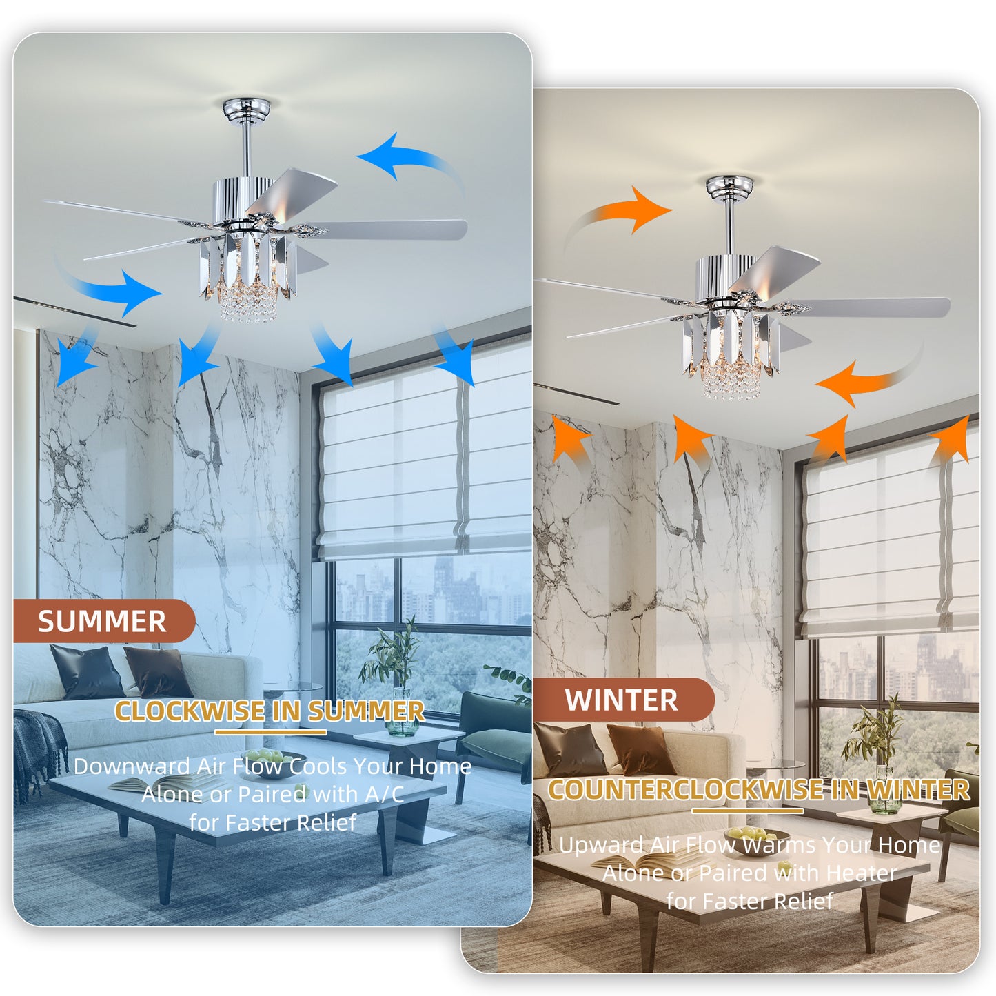 Melysen Crystal Ceiling Fan Reversible Blades 3 Wind Speeds Remote Control for Bedroom Living Dining Room -Chrome