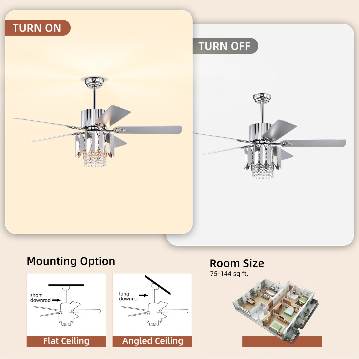 Melysen Crystal Ceiling Fan Reversible Blades 3 Wind Speeds Remote Control for Bedroom Living Dining Room -Chrome