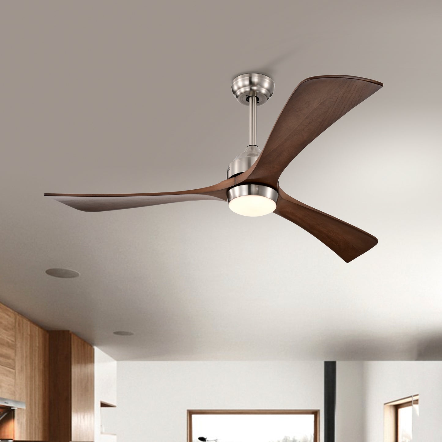 Melysen 52" Ceiling Fan with Lights Remote Control,Quiet DC Motor 3 Wood Blade Ceiling Fans 6 Speed Levels,Reversible Ceiling Fan, for Patio Living Room, Bedroom, Office,Indoor.(Stain nickel + Walnut )