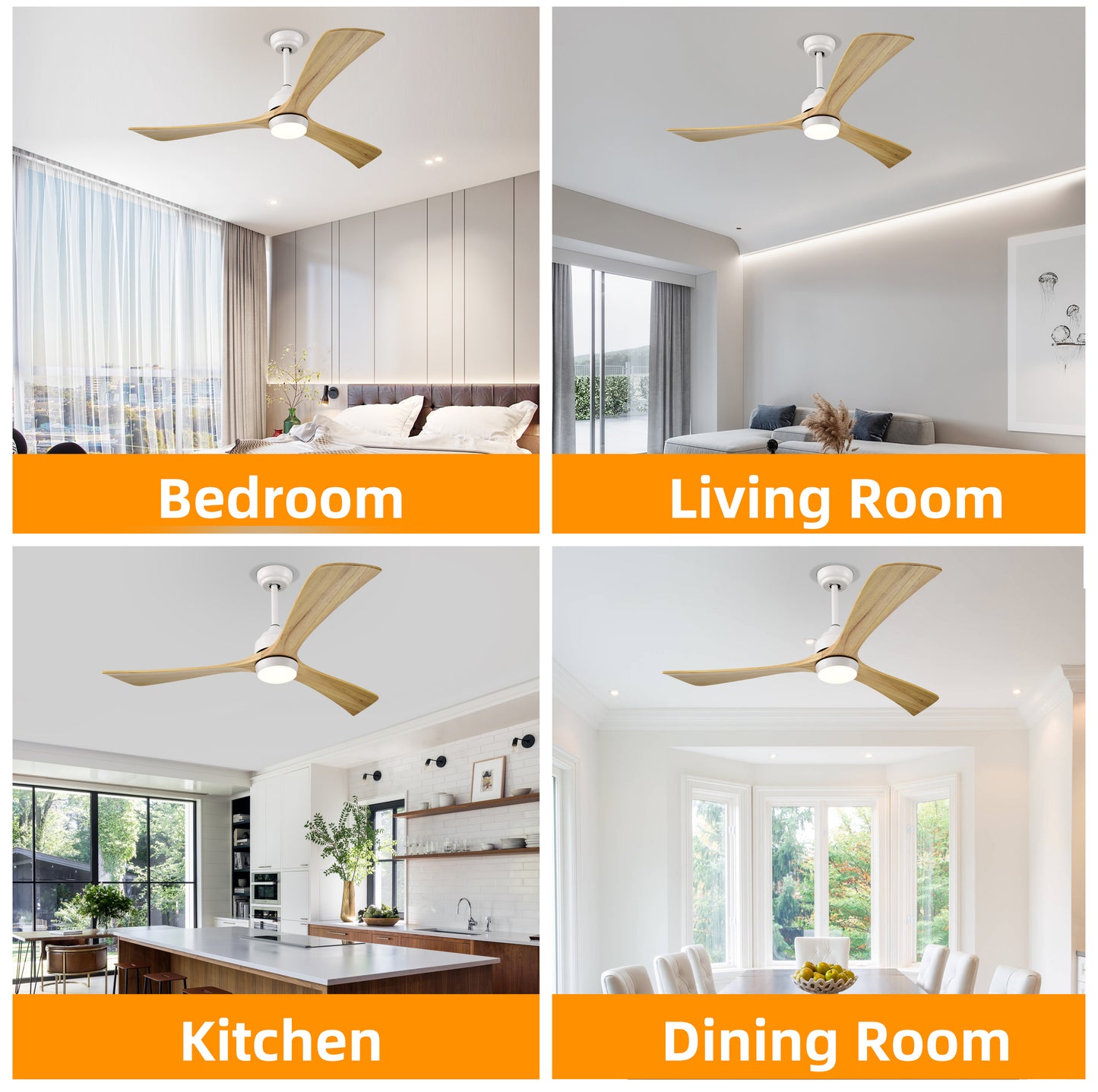 Melysen 52" Ceiling Fan with Lights Remote Control,Quiet DC Motor 3 Blade Ceiling Fans 6 Speed Levels,Reversible Ceiling Fan, for Patio Living Room, Bedroom, Office,Indoor.(White +Natural)