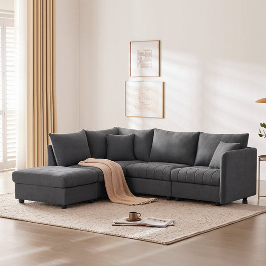 Melysen 89*79"Modern Sectional Sofa with Vertical Stripes ,2 Pillows ,5-Seat Couch with Convertible Ottoman , ,L-Shape Indoor Furniture ,Dark Gray