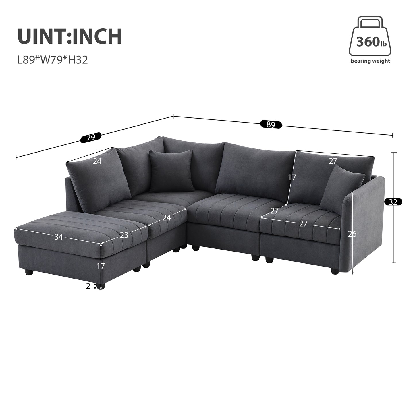 Melysen 89*79"Modern Sectional Sofa with Vertical Stripes ,2 Pillows ,5-Seat Couch with Convertible Ottoman , ,L-Shape Indoor Furniture ,Dark Gray