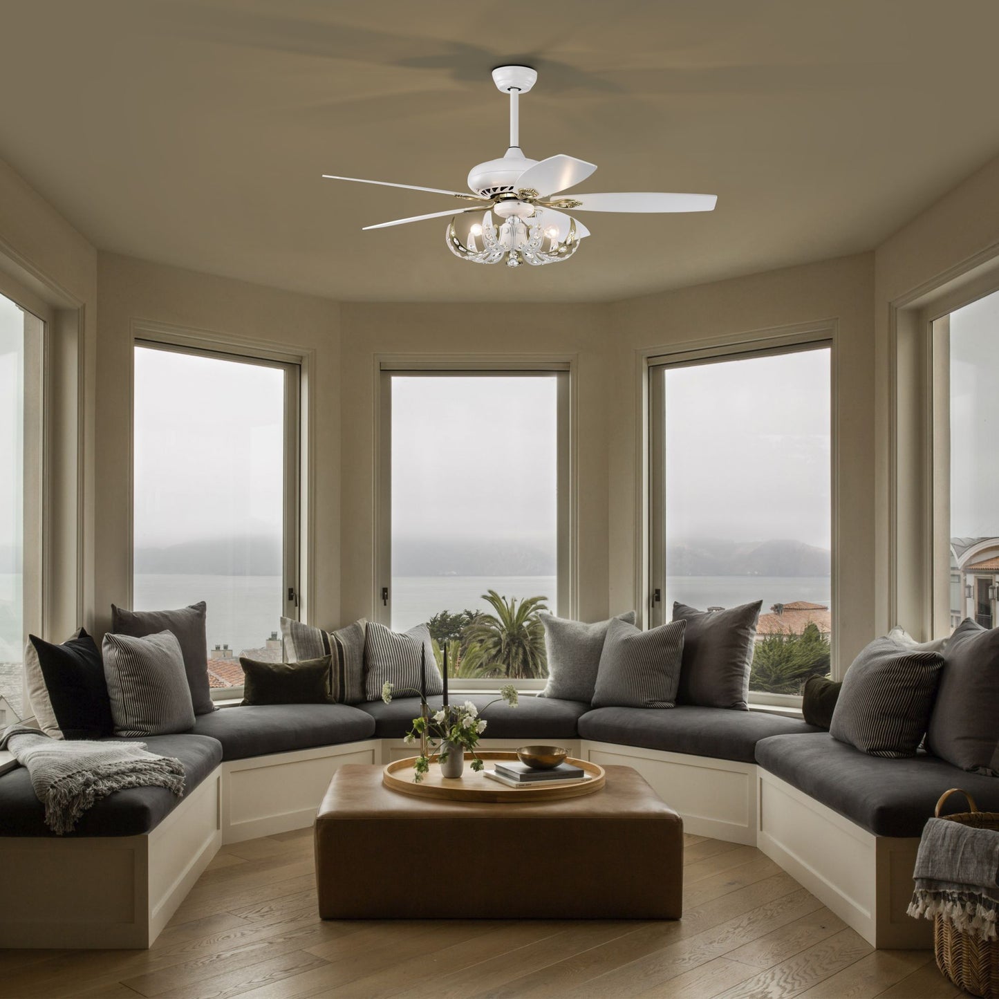 Melysen 52" Crystal Ceiling Fan with 5 Reversible Blades Light Kit and Remote Control, 3-Speed - Matte White