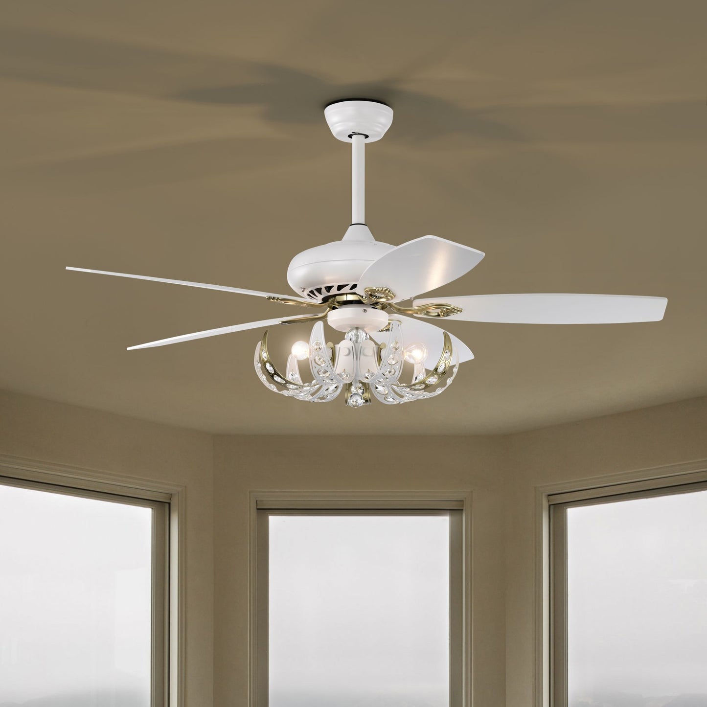 Melysen 52" Crystal Ceiling Fan with 5 Reversible Blades Light Kit and Remote Control, 3-Speed - Matte White