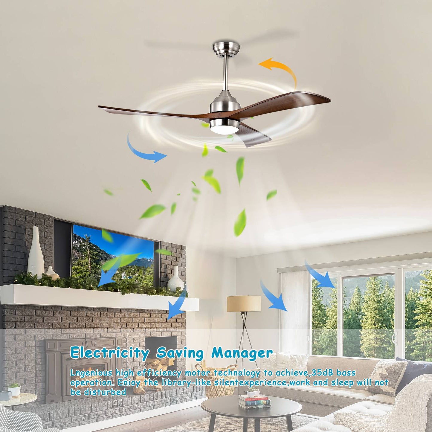 Melysen 52" Ceiling Fan with Lights Remote Control,Quiet DC Motor 3 Wood Blade Ceiling Fans 6 Speed Levels,Reversible Ceiling Fan, for Patio Living Room, Bedroom, Office,Indoor.(Stain nickel + Walnut )