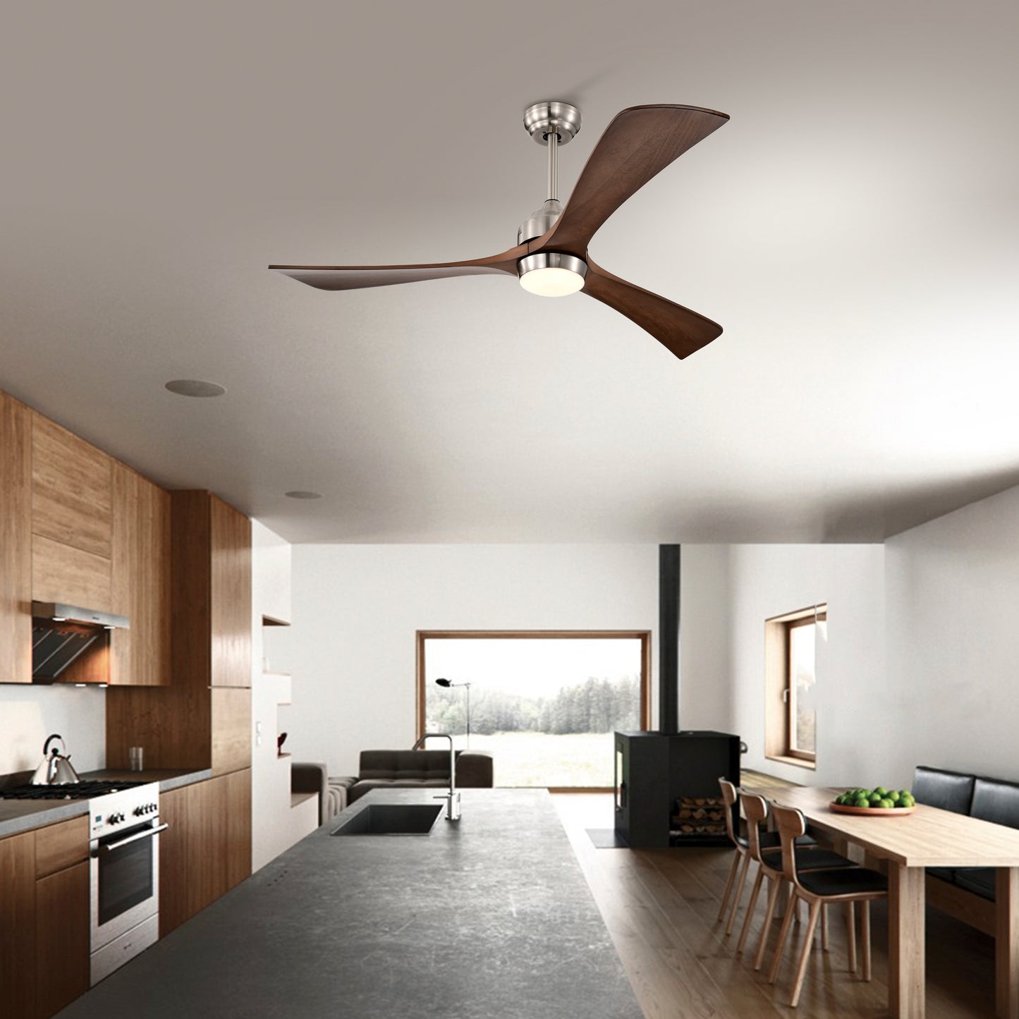 Melysen 52" Ceiling Fan with Lights Remote Control,Quiet DC Motor 3 Wood Blade Ceiling Fans 6 Speed Levels,Reversible Ceiling Fan, for Patio Living Room, Bedroom, Office,Indoor.(Stain nickel + Walnut )