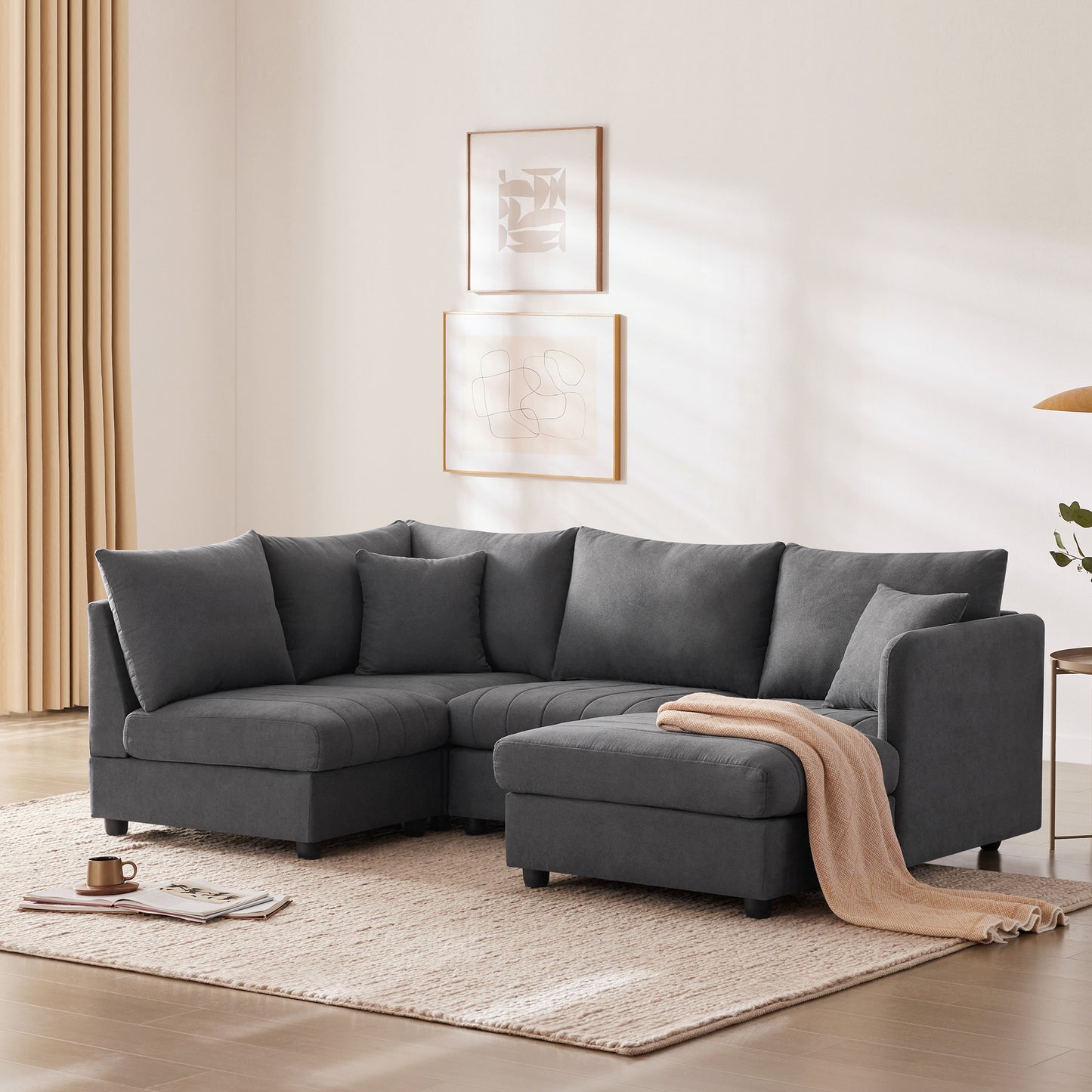 Melysen 89*79"Modern Sectional Sofa with Vertical Stripes ,2 Pillows ,5-Seat Couch with Convertible Ottoman , ,L-Shape Indoor Furniture ,Dark Gray