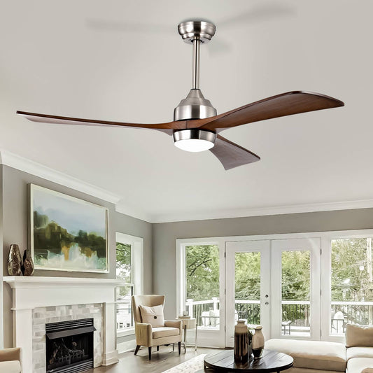 Melysen 52" Ceiling Fan with Lights Remote Control,Quiet DC Motor 3 Wood Blade Ceiling Fans 6 Speed Levels,Reversible Ceiling Fan, for Patio Living Room, Bedroom, Office,Indoor.(Stain nickel + Walnut )