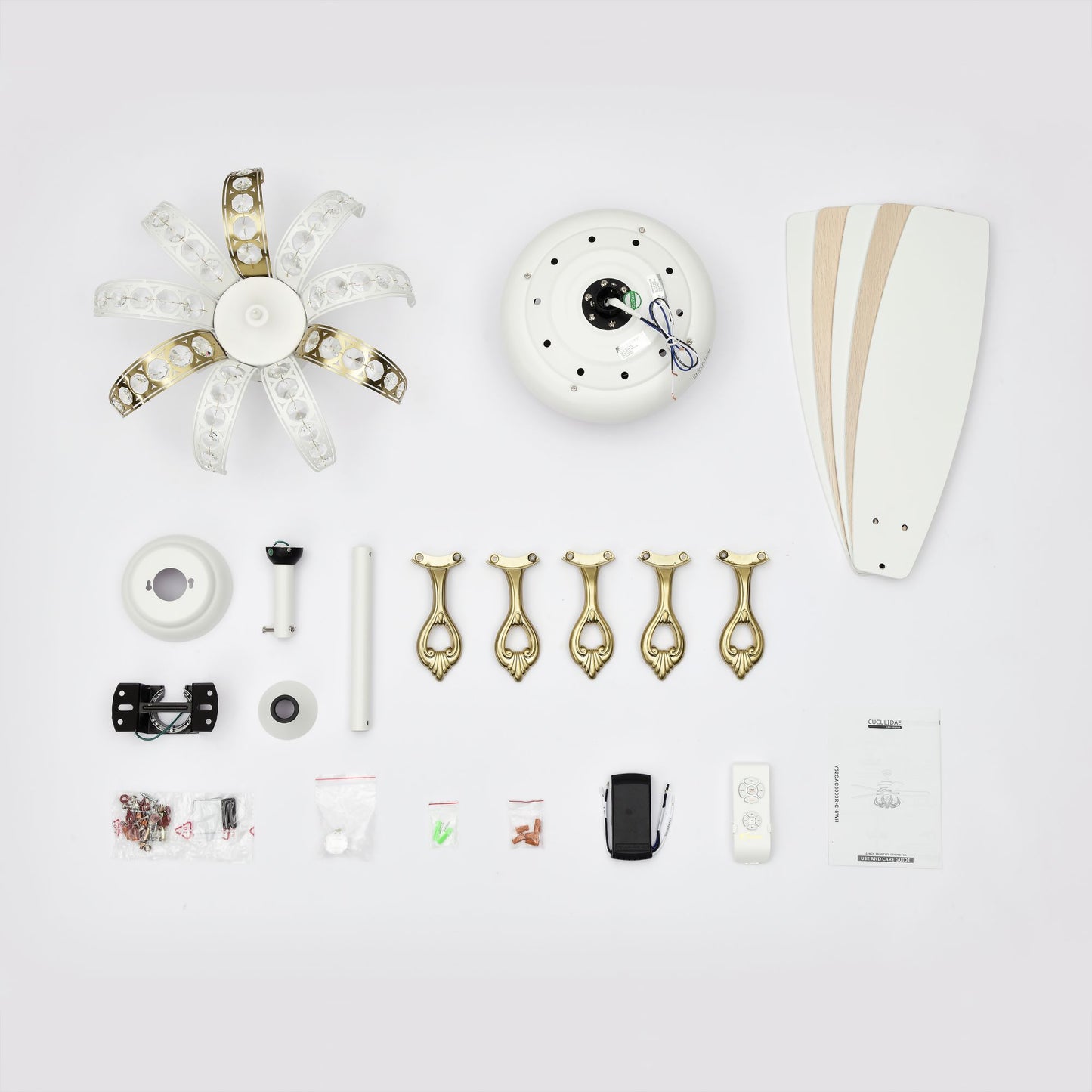 Melysen 52" Crystal Ceiling Fan with 5 Reversible Blades Light Kit and Remote Control, 3-Speed - Matte White