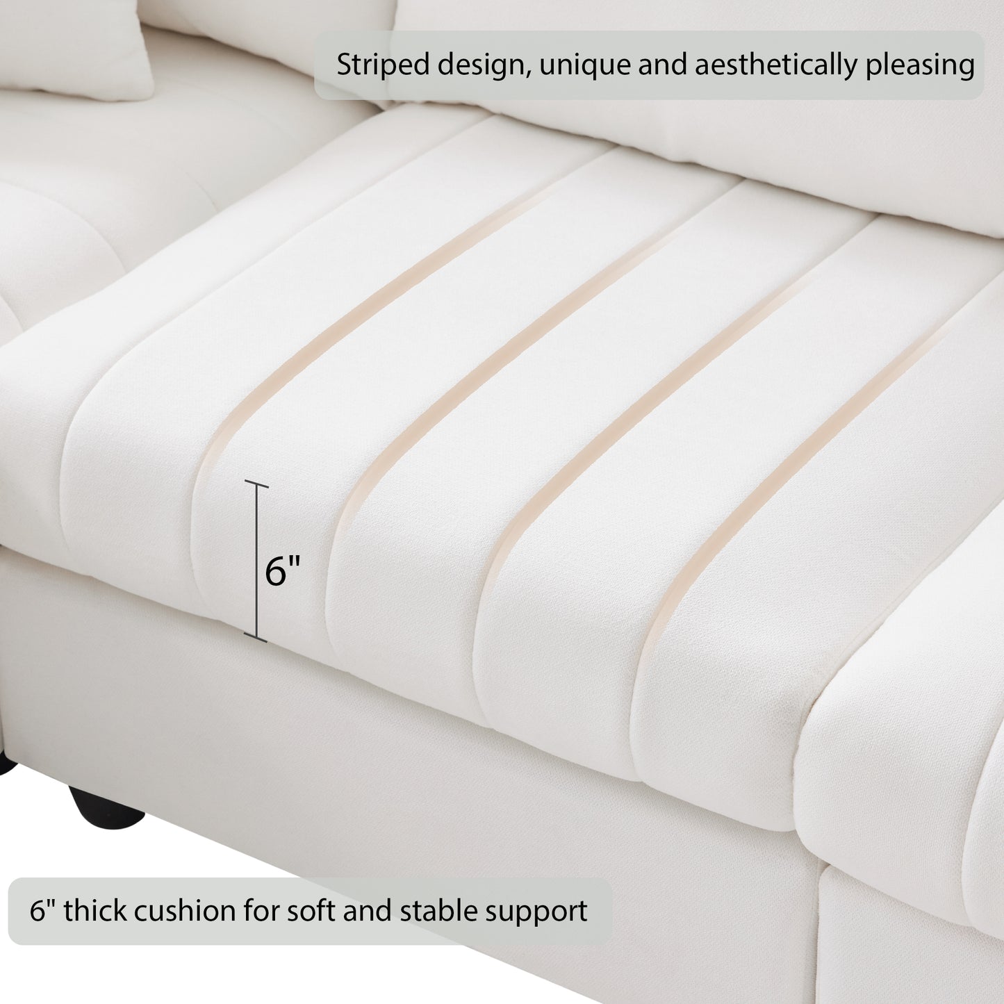 Melysen 89*79"Modern Sectional Sofa with Vertical Stripes ,2 Pillows ,5-Seat Couch with Convertible Ottoman , ,L-Shape Indoor Furniture ,White