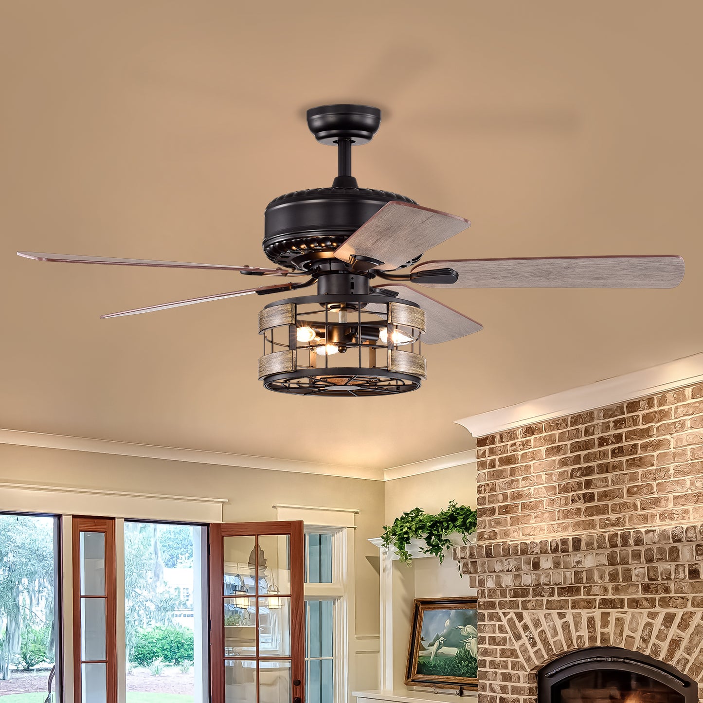 Melysen Farmhouse Industrial 52-inch Ceiling Fan (Optional Remote&2 Color Option Blades) or Bedroom, Living Room, Dining Room-Matte Black+Wood Gain