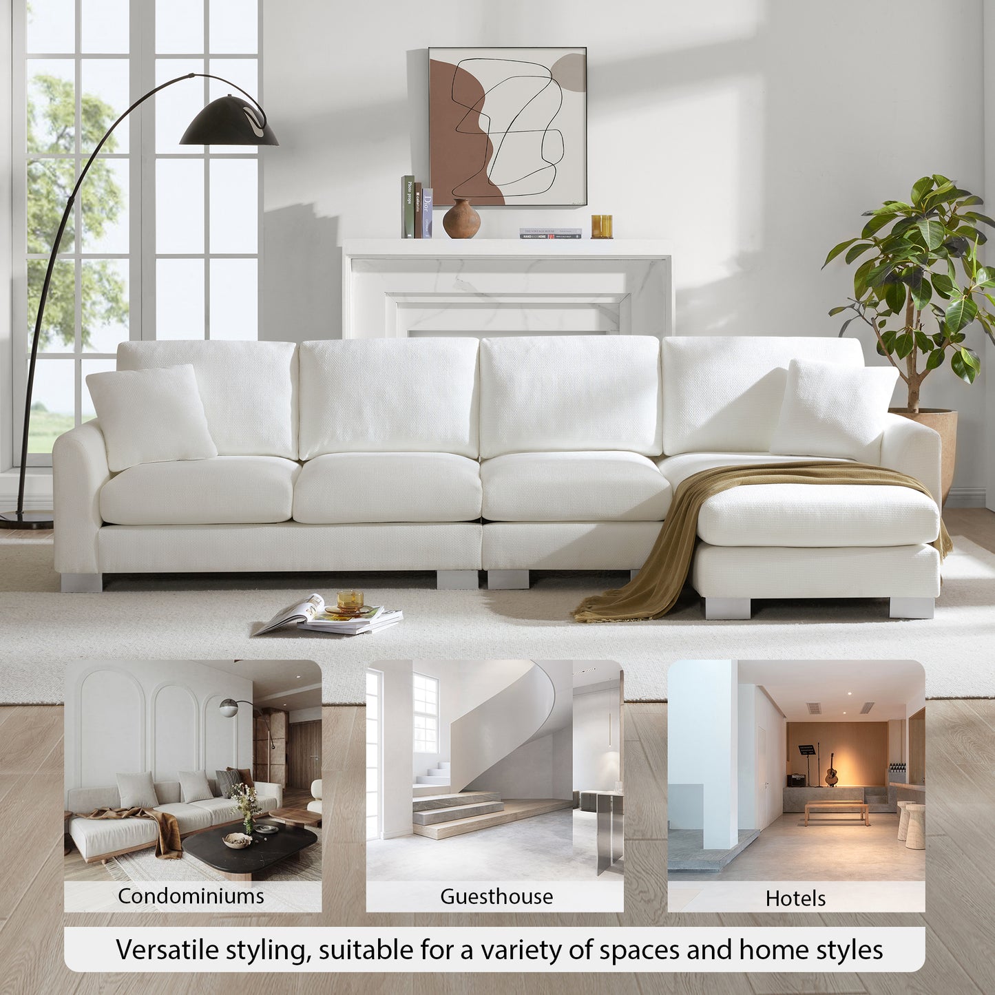 Melysen 119*55" Modern Oversized Sectional Sofa ,L-shaped Luxury Couch Set with 2 Free pillows ,White