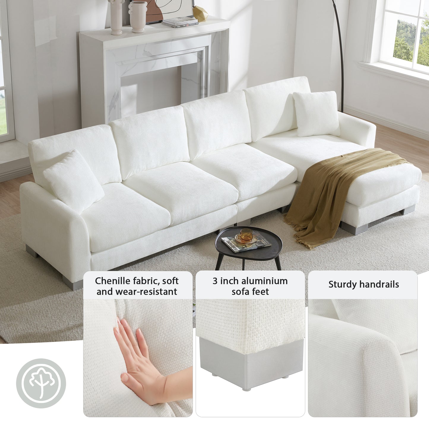 Melysen 119*55" Modern Oversized Sectional Sofa ,L-shaped Luxury Couch Set with 2 Free pillows ,White