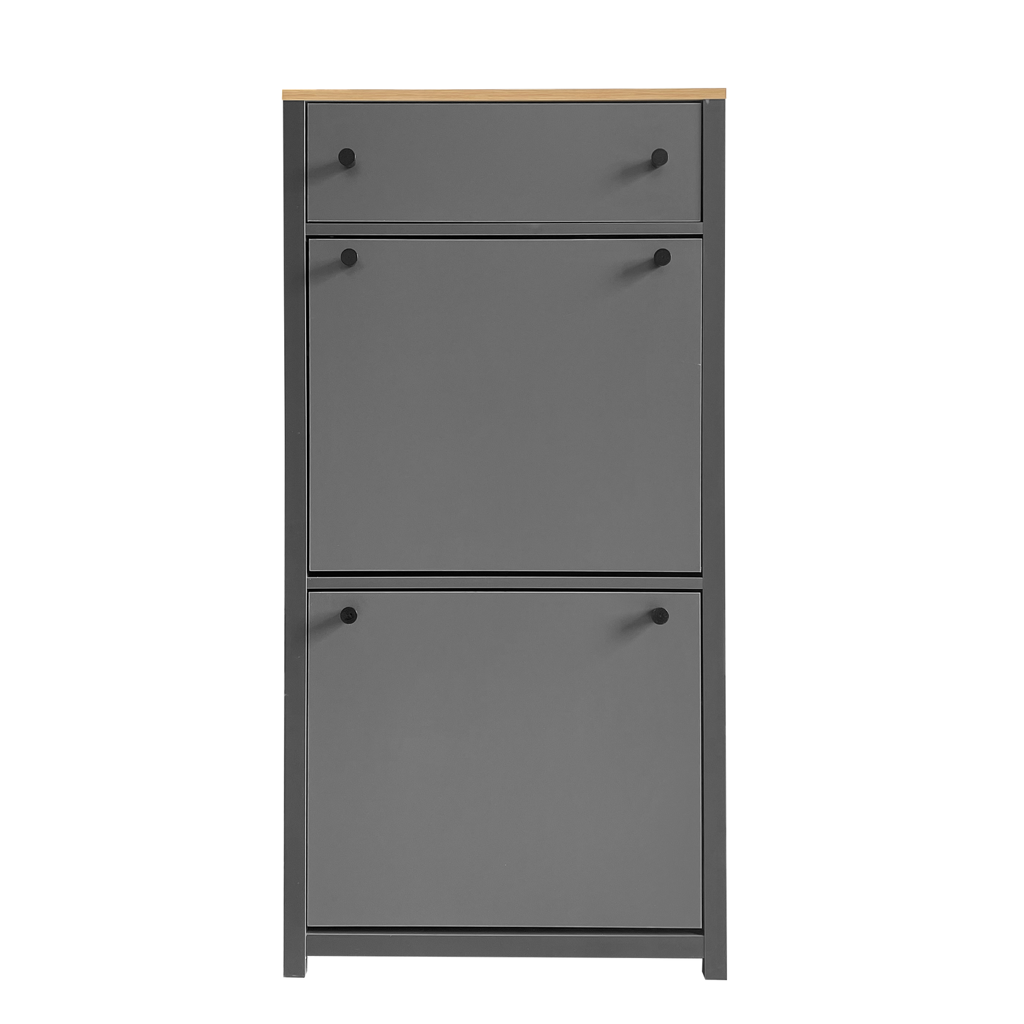 Melysen Functional Entryway Organizer with 2 Flip Drawers, Wood Grain Pattern Top Shoe Cabinet with Drawer, Free Standing Shoe Rack with Adjustable Panel for Hallway, Grey