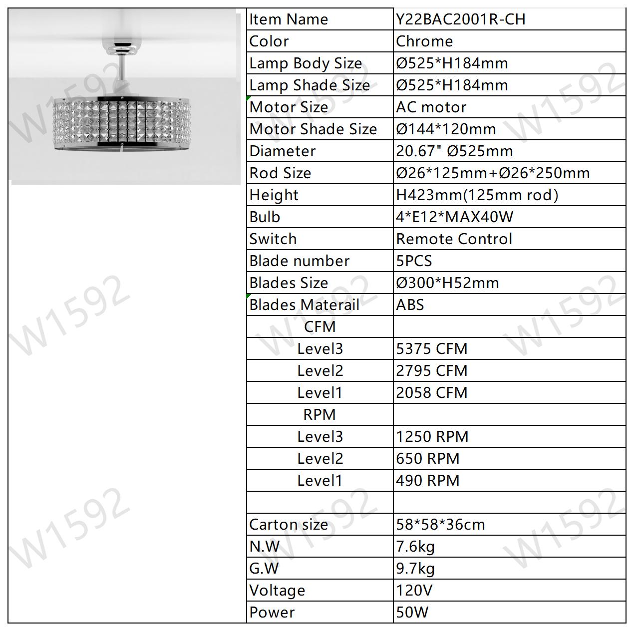 Melysen Crystal Caged Ceiling Fan with Lights Remote Control, 20".67 Enclosed Ceiling Fan, Rustic Farmhouse Ceiling Fan with Light, Reversible 3 Speeds, 1/2/4 Timing (Bulbs Not Included)-Chrome