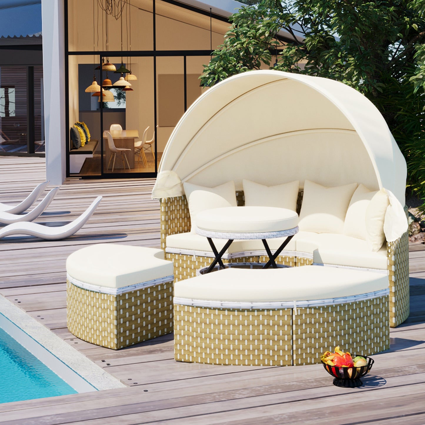 Melysen Patio Furniture Round Outdoor Sectional Sofa Set Rattan Daybed Two-Tone Weave Sunbed with Retractable Canopy, Separate Seating and Removable Cushion