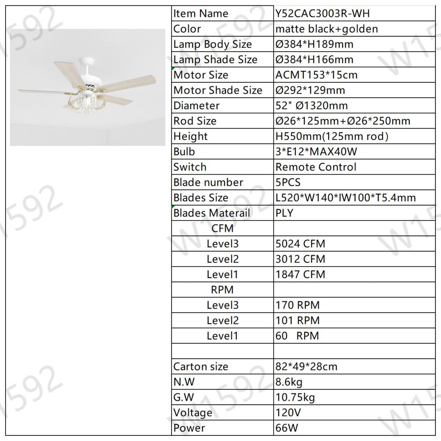 Melysen 52" Crystal Ceiling Fan with 5 Reversible Blades Light Kit and Remote Control, 3-Speed - Matte White