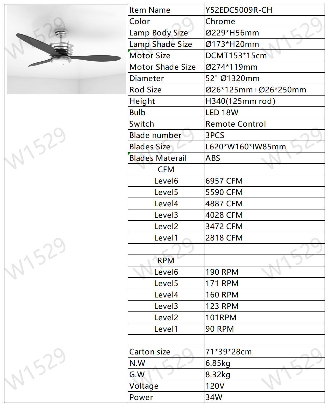 Melysen 52" ABS Blades Ceiling Fan with Lights and Remote (5 Speeds Adjustable) , DC Motor Modern Ceiling Fan with 3 ABS Fan Blades & 2 Down Rods, Indoor Ceiling Fan with Light for Home Use