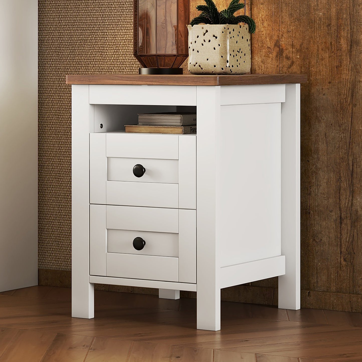 Melysen 2-Drawer Farmhouse Wooden Nightstand with Well-proportioned Design and Sleek Lines, Wood Side Table with Storage Cabinet for Bedroom