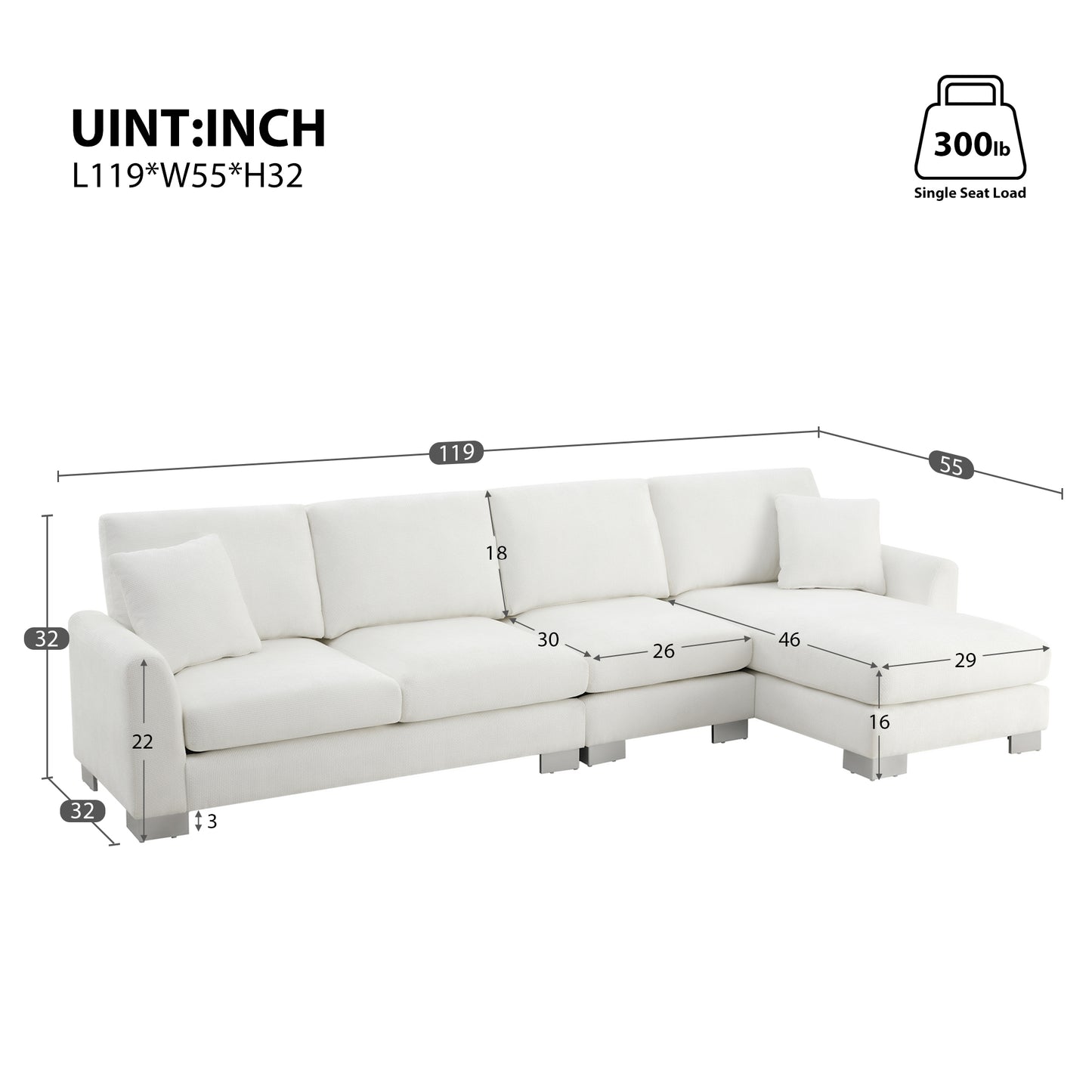 Melysen 119*55" Modern Oversized Sectional Sofa ,L-shaped Luxury Couch Set with 2 Free pillows ,White