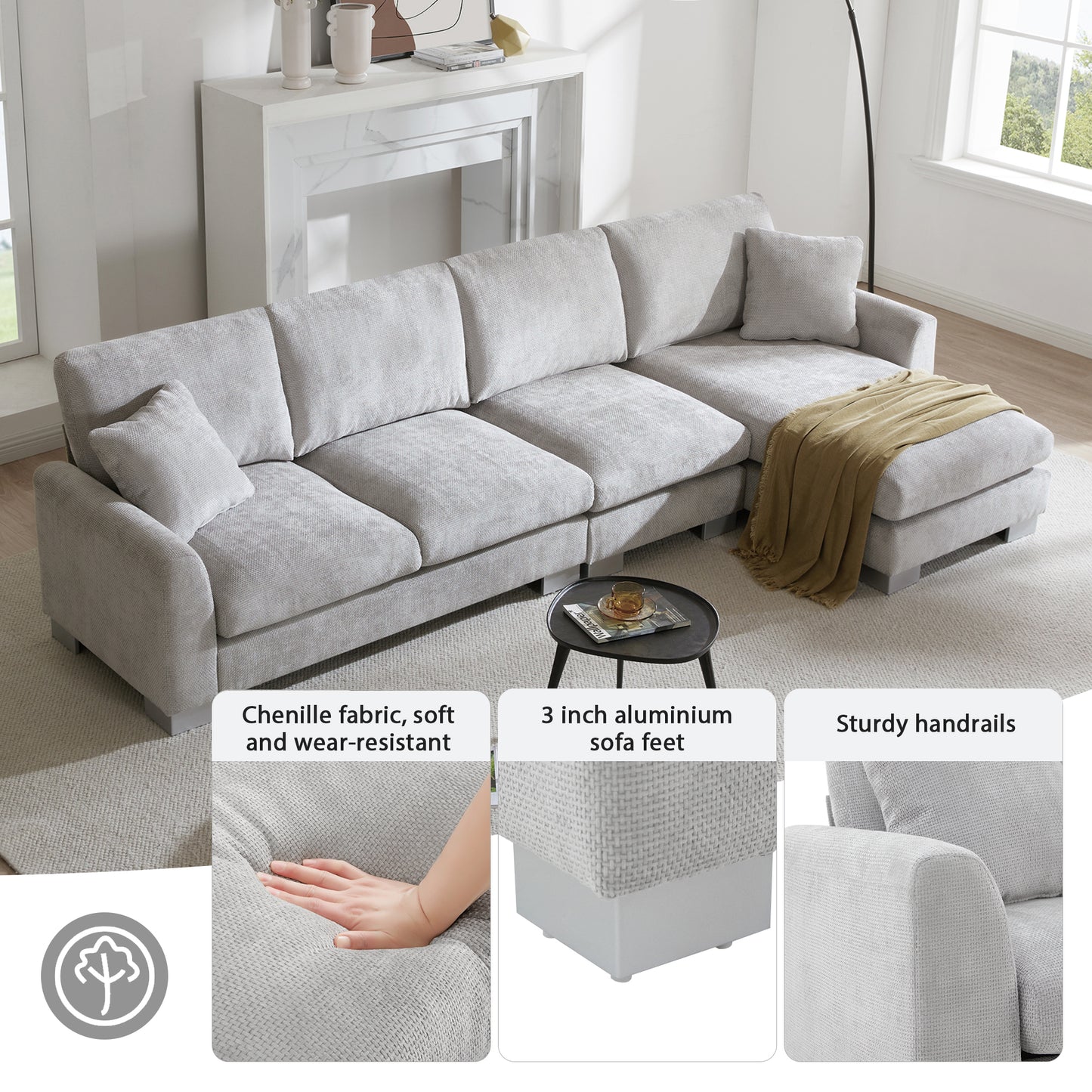 Melysen 119*55" Modern Oversized Sectional Sofa ,L-shaped Luxury Couch Set with 2 Free pillows ,Light Gray