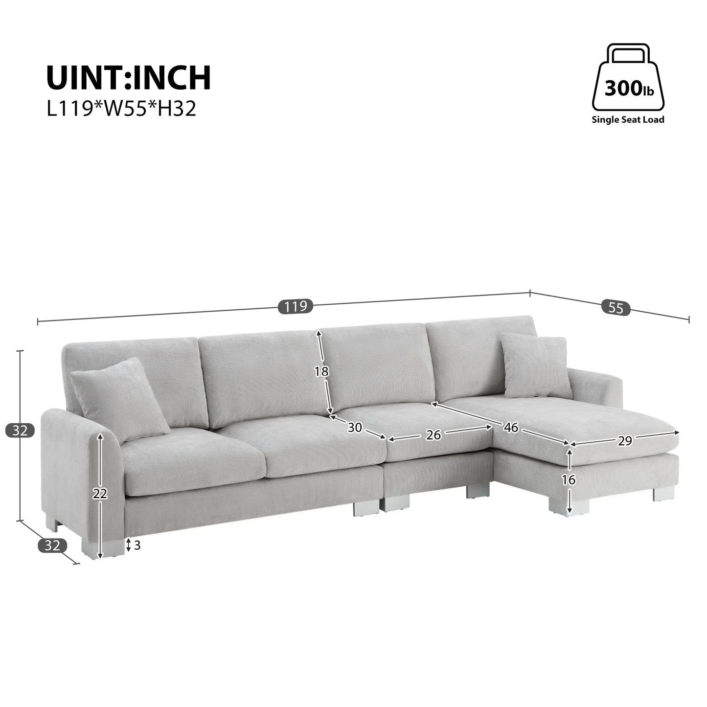 Melysen 119*55" Modern Oversized Sectional Sofa ,L-shaped Luxury Couch Set with 2 Free pillows ,Light Gray