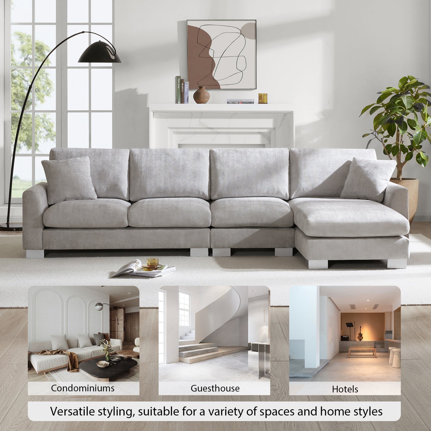 Melysen 119*55" Modern Oversized Sectional Sofa ,L-shaped Luxury Couch Set with 2 Free pillows ,Light Gray