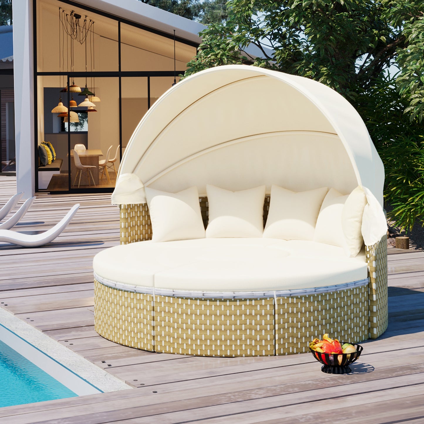 Melysen Patio Furniture Round Outdoor Sectional Sofa Set Rattan Daybed Two-Tone Weave Sunbed with Retractable Canopy, Separate Seating and Removable Cushion