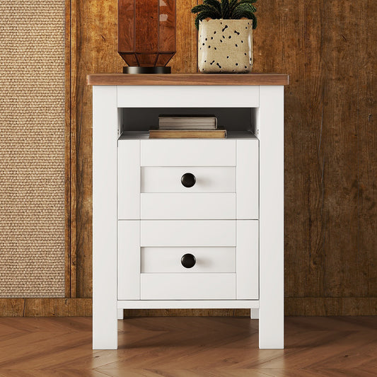 Melysen 2-Drawer Farmhouse Wooden Nightstand with Well-proportioned Design and Sleek Lines, Wood Side Table with Storage Cabinet for Bedroom