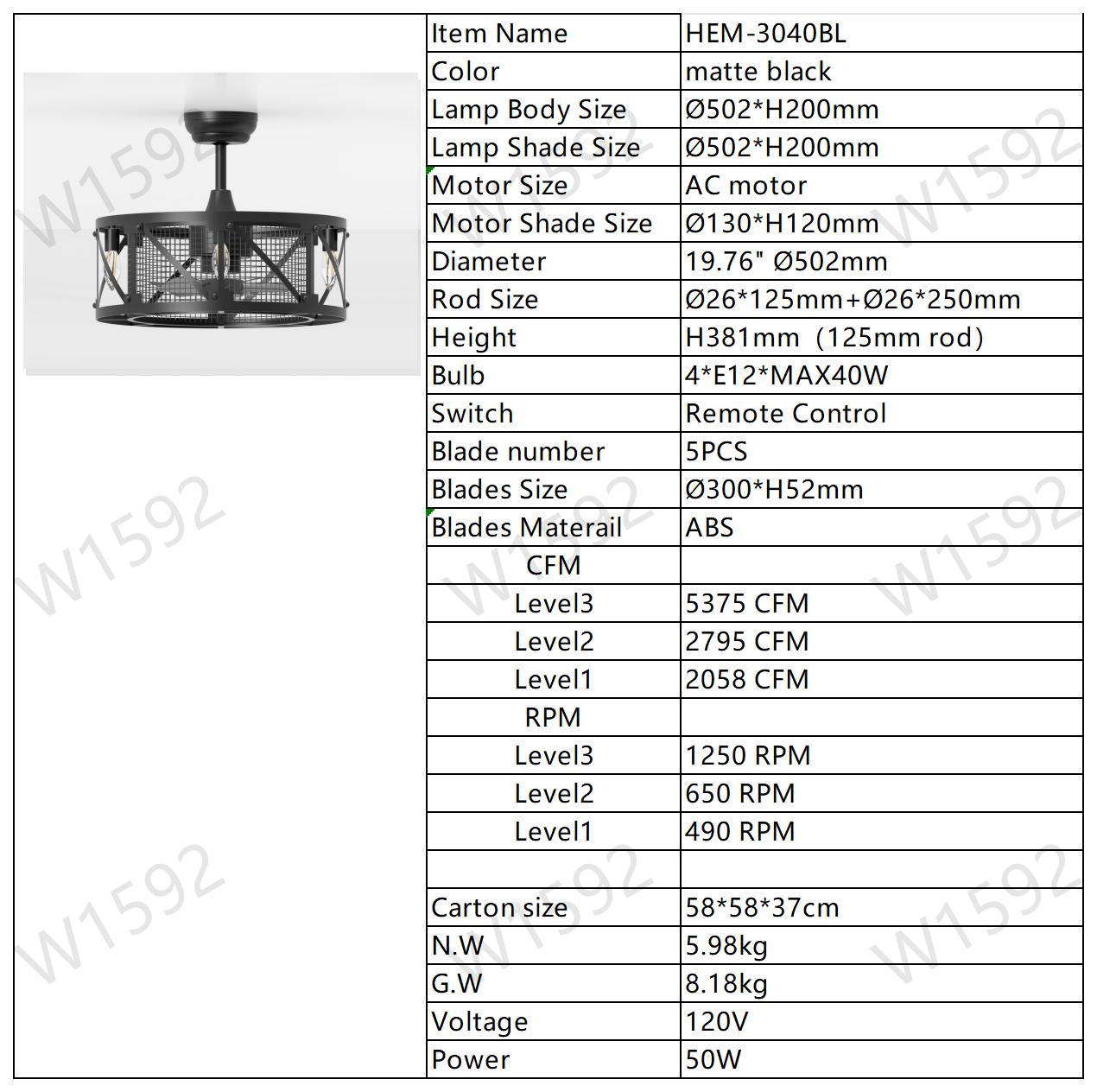 Melysen 20"Industrial 5-Blade Ceiling Fan with remote control ,5 ABS Blades small size ceiling fan