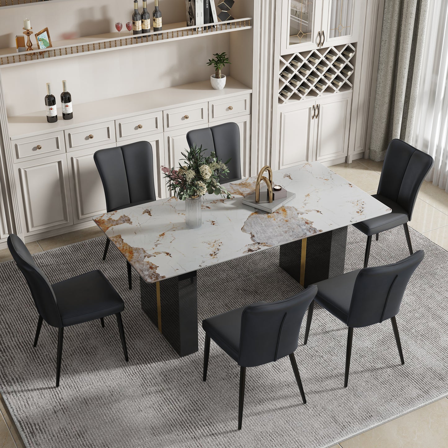 Melysen Large Modern Rectangular Table with A 0.39-Inch Patterned Tabletop and Large Mdf Table Legs, Chairs with Pu Backrest Cushions and Black Metal Table Legs.(6 Chair),Black