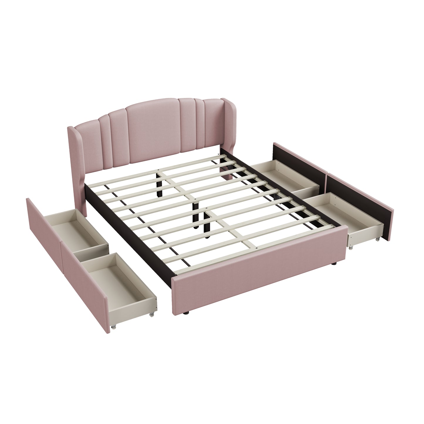 Melysen Upholstered Platform Bed with Wingback Headboard and 4 Drawers, No Box Spring Needed, Linen Fabric, Queen Size Pink